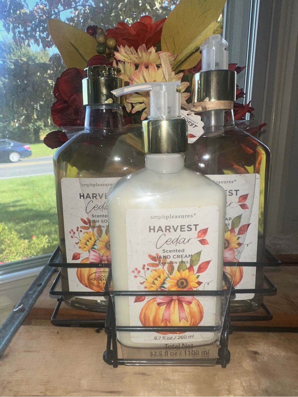 Harvest Cedar Scented Dish & Hand Soap, with Lotion and Caddy -New